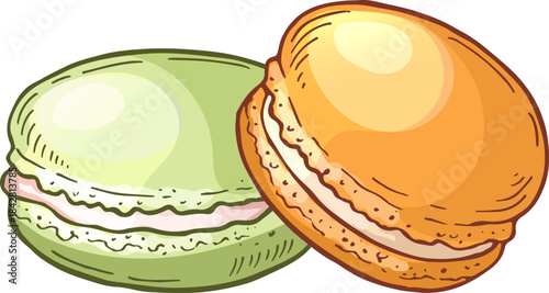 Two macarons with one being green and the other being orange