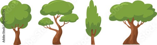 Cartoon tree, foliage, trunk, stylized, green, nature, forest, plant, vector, icon, shape, leafy, landscape, seasonal, botanical, environment, illustration, design, outdoor, decorative