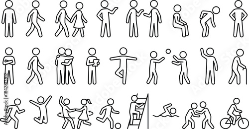Collection of stick figure people performing various activities, everyday motion icons, human actions set, lifestyle illustration for design projects
