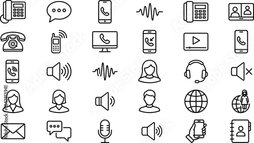 Communication and phone icons showing calls, messages, audio signals, video chats, contacts, devices, global communication, support, and digital interaction tools