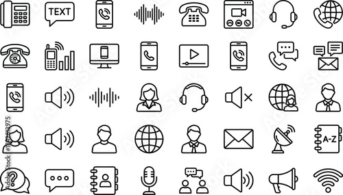 Communication icons showing phones, messages, audio signals, video calls, customer support, contacts, global communication, emails, notifications and digital interaction tools