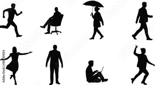 Human silhouette, activity, pose, movement, walking, sitting, dancing, jumping, running, umbrella, laptop, black, vector, icon, design, posture, action, illustration, expressive, lifestyle