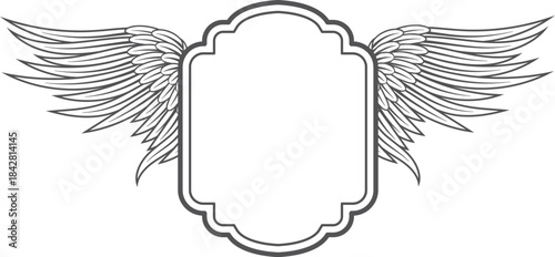 A white background with a black and white image of a winged frame