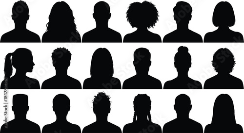 Diverse people silhouettes showing various hairstyles, head profiles, human portrait outlines representing diversity, individuality, identity, and demographic variety