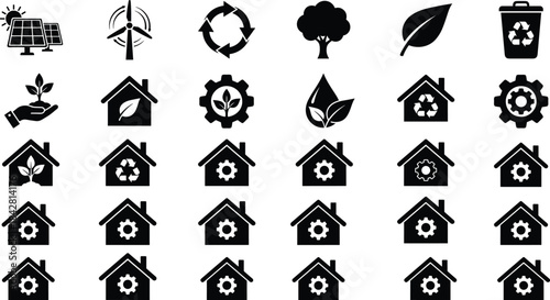 Eco energy sustainability icons featuring green homes renewable power recycling symbols for environmental design projects and clean technology solutions
