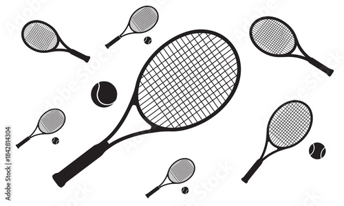 Collection of tennis rackets and balls in black and white style