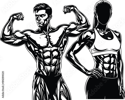 Muscular man posing in bodybuilding competition, and strong fit woman with perfect abs, vector illustration of fitness and gym training, black and 