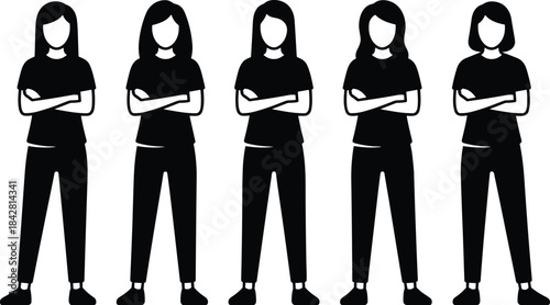 Group of women standing with crossed arms, casual silhouette illustration representing confidence, unity, empowerment, teamwork, modern female concept