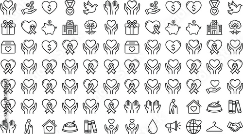 Large collection of charity and donation line icons including hearts, ribbons, support hands, fundraising symbols, nonprofit care, awareness, community giving, kindness