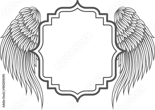 A black and white drawing of a winged frame with a white background