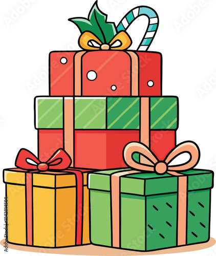 A colorful vector illustration set of Christmas gift boxes with bows and ribbons for holiday celebration.