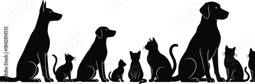 Stylized Black Silhouette Collection of Domestic Pets, Dogs and Cats Standing Together on a Line, Vector Illustration for Veterinary, Pet Shop, or Animal Rescue 
