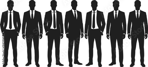 Seven businessmen silhouettes standing confidently in formal suits, corporate team illustration, leadership concept, professional workforce unity, business group graphic