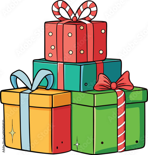 A vector illustration of a set of colorful gift boxes with bows and ribbons for Christmas, birthday, or holiday celebration