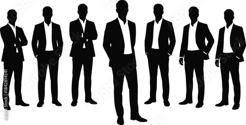 Seven businessmen silhouettes standing confidently, corporate professionals in suits, leadership concept, teamwork unity illustration, business group posture