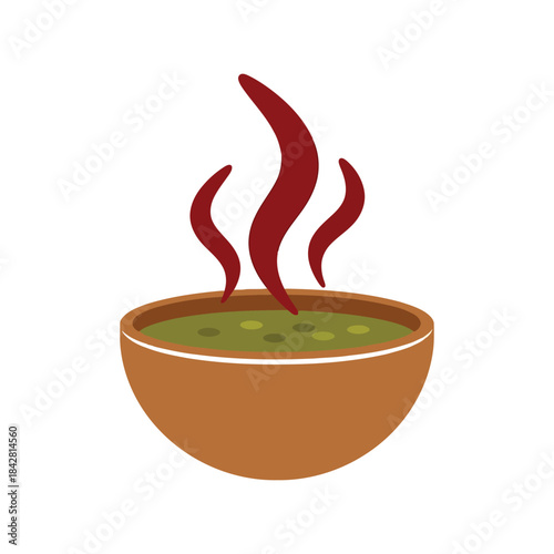 Delicious bowl of green soup with steam rising, healthy comfort food, vibrant and appetizing culinary illustration for recipes and menus