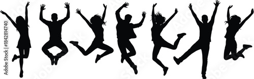 Silhouettes of people jumping with joy, energetic celebration poses, dynamic movement illustration for happiness, lifestyle, dance, youth expression projects