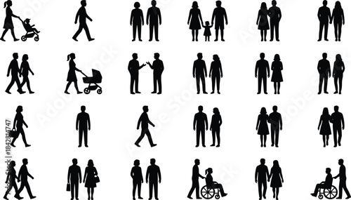 Silhouettes of people walking, talking, parenting, shopping, assisting, and interacting in everyday outdoor lifestyle scenes with families and couples