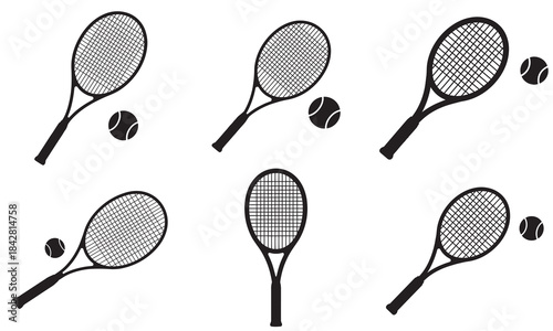 Set of six different tennis rackets and balls icons in black outline style