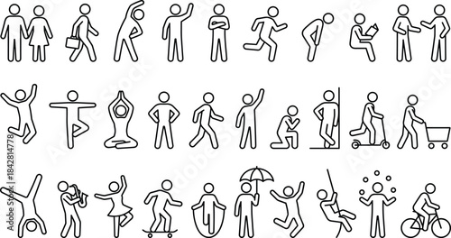 Stick figure people performing various activities, everyday action icons, lifestyle movement collection for design, education, animation, infographic projects