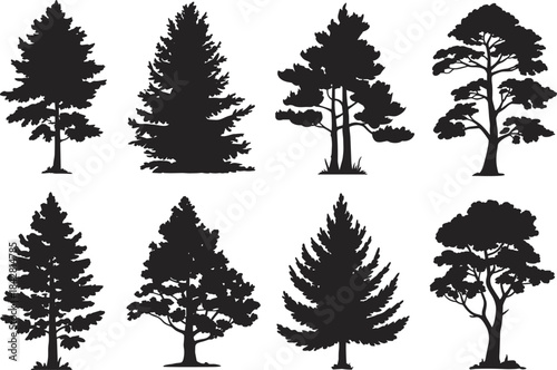 Tree silhouette, black, foliage, branching, shape, forest, nature, icon, vector, design, plant, structure, landscape, illustration, decorative, seasonal, outdoor, botanical, environment, style