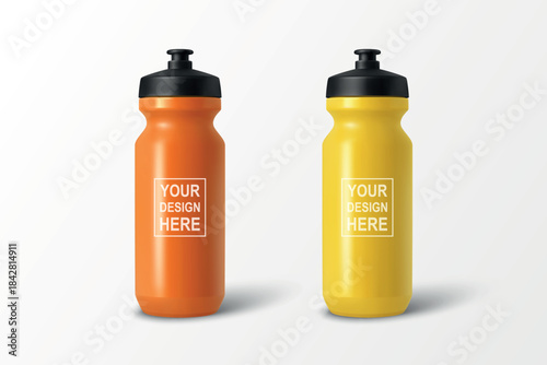 Vector 3d Realistic Sports Water Bottle Set, Isolated. Blank Plastic Cycling Water Bottle with Black Cap. Water Bottle Template. Vector Sport Bottle for Fitness, Gym, Branding, Packaging Design