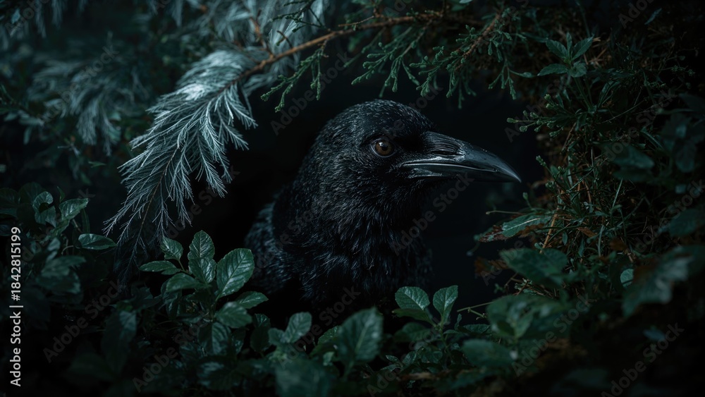Obraz premium A black raven hidden among dense green foliage, peering through the leaves in a dark, natural environment.