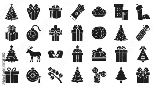 Black and white Christmas icons featuring gifts, trees, and ornaments on a white background.