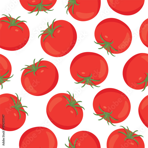 Tomato Seamless Pattern, Vector Illustration. Red Tomatoes on White Background. Repeat Tile for Kitchen Design, Tomato Wallpaper, Textile, Packaging, Wrapping Paper, Fabric