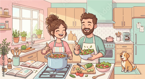 A happy couple cooking together in a bright kitchen with their dog, preparing a healthy meal with fresh vegetables.