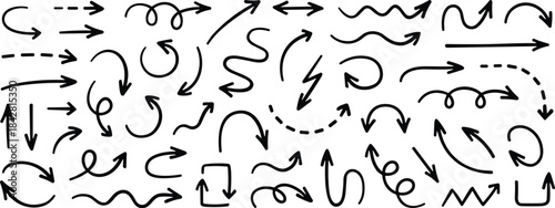 Collection of hand drawn arrows showing doodle directions, sketch pointers, curved markers, navigation symbols, and playful design