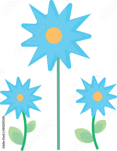Three blue cartoon flowers