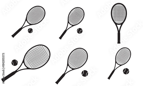 Set of six tennis rackets and balls in various styles and angles