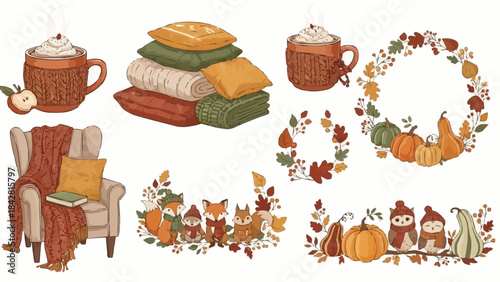 Cozy Autumn Scene with Gnomes Pumpkins and Warm Drinks.