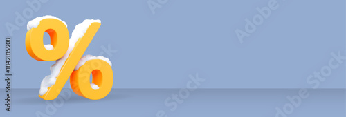 3d yellow percent discount with snow on gray isolated background. Winter sale. Horizontal banner. Voucher gift. Gradient mesh. Stock vector illustration on isolated background.