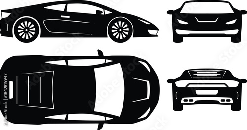 Silhouette views of modern sports car showing side, front, rear, top design elements and automotive styling