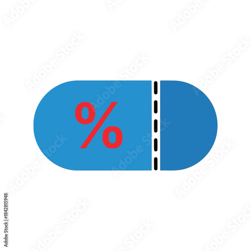 Health insurance concept with blue capsule representing medication and percentage symbol, medical finance idea for insurance policy, pharmacy, and healthcare savings.