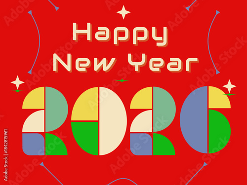 Happy New Year 2026 beautiful design of numbers and shapes on dark background. Modern winter holiday greeting banner, poster or greeting card template
