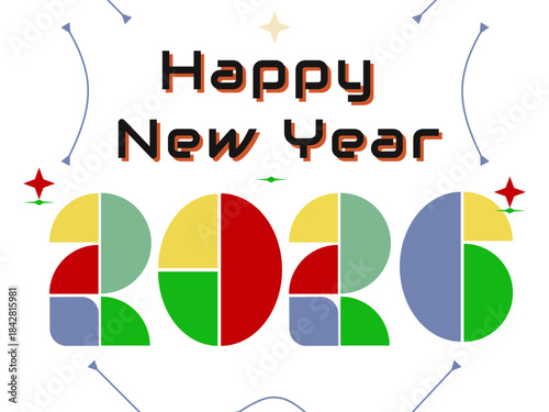 Happy New Year 2026 beautiful design of numbers and shapes on dark background. Modern winter holiday greeting banner, poster or greeting card template