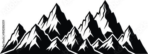 Mountain range silhouette vector illustration in simple black and white design style showing massive rocky peaks, hiking, and outdoor nature symbols.