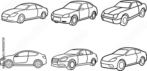 Set of car outline illustrations showing modern vehicle silhouettes, automotive design concepts, transportation elements, and sleek styling