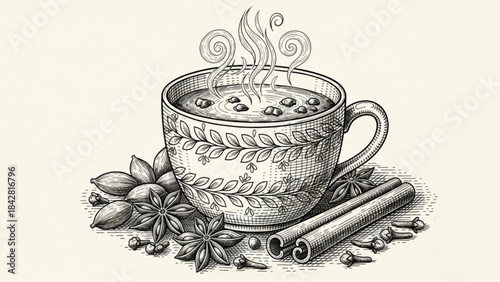 Aromatic Chai Tea: An artistic monochrome illustration showcases a steaming cup of chai tea, complete with aromatic spices like cinnamon sticks and star anise.