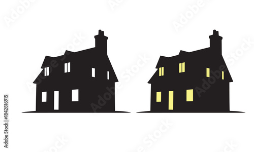 Silhouette of a twostory house with chimney, two styles included