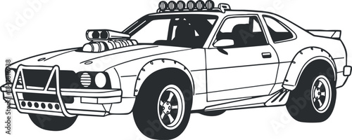 Muscle car illustration featuring modified exterior, turbo engine, off-road accessories, aggressive styling, performance details, and rugged design