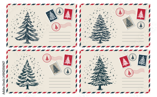 Christmas postcard with tree, New Year card	
