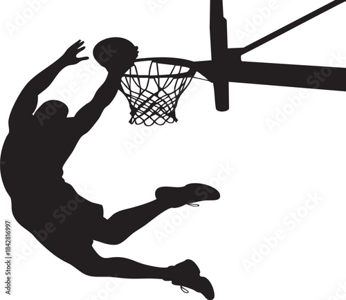 Dynamic black silhouette of a basketball player executing a powerful slam dunk against a stark capturing athletic energy and motion