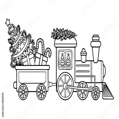 Detailed black and white line art illustration of a festive Christmas toy train carrying a Christmas tree, gifts, and candy 