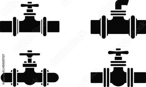 Collection of plumbing valve silhouettes showing industrial pipe control, water regulation mechanisms, mechanical fittings, and pipeline design