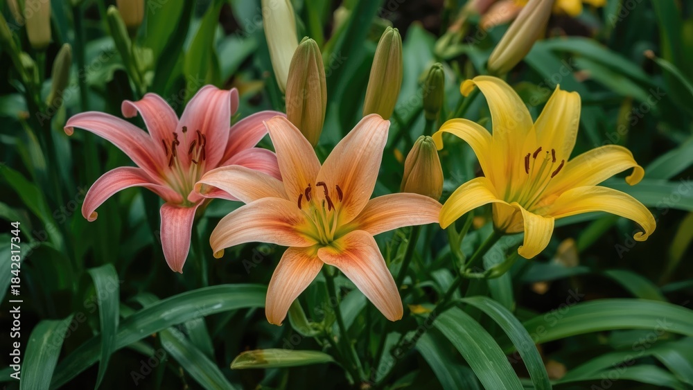 Obraz premium Pink, peach, and yellow lilies in a garden with lush green leaves.