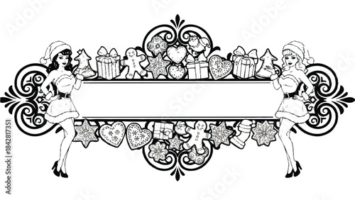 Two women in Santa hats hold festive holiday banner with gifts and cookies.